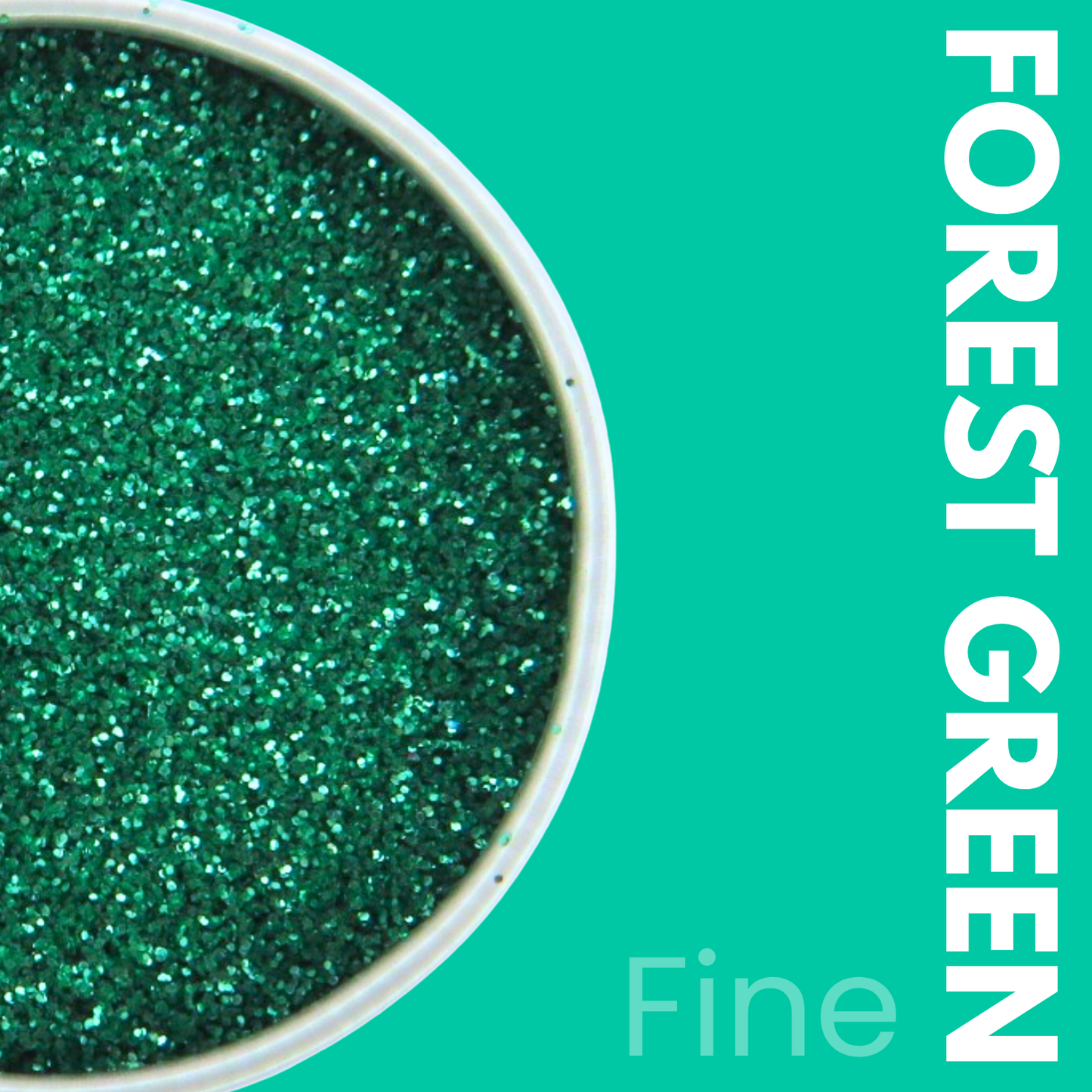 Close-up of forest green glitter in a container with 'FOREST GREEN' text on a teal background.
