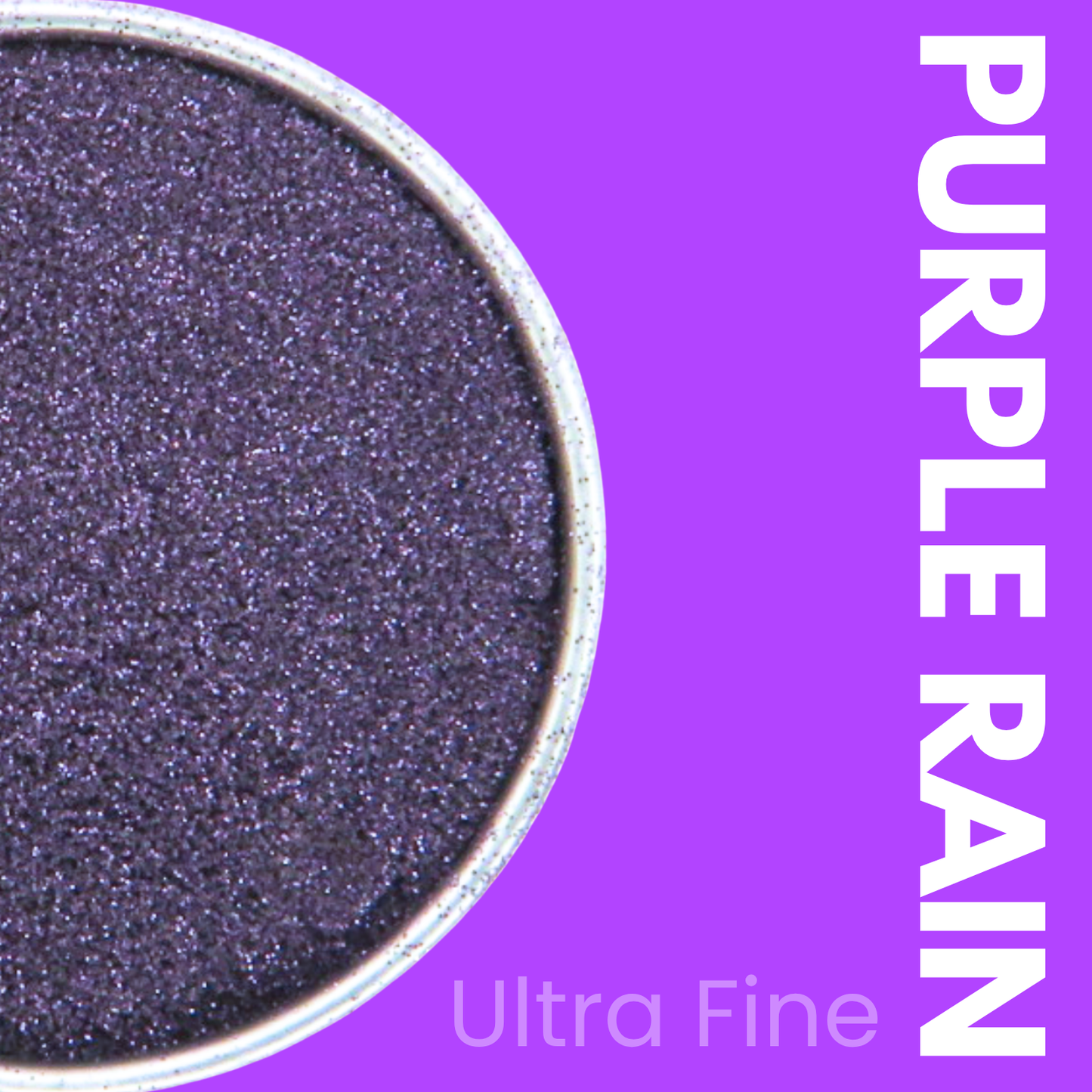 Purple glittery powder in a container with 'Purple Rain' text on a purple background