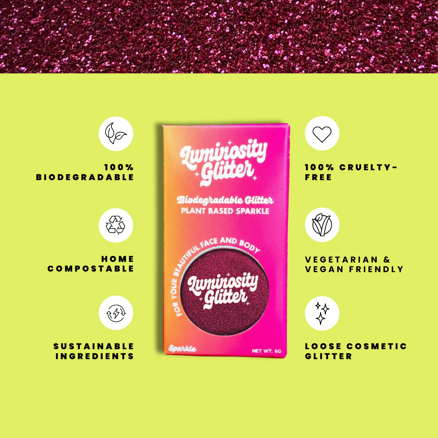 Luminosity Glitter packaging with sustainability features on a green background