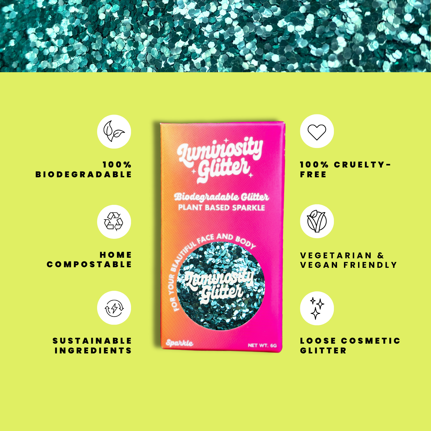 Luminosity Glitter packaging with sustainability features on a green background