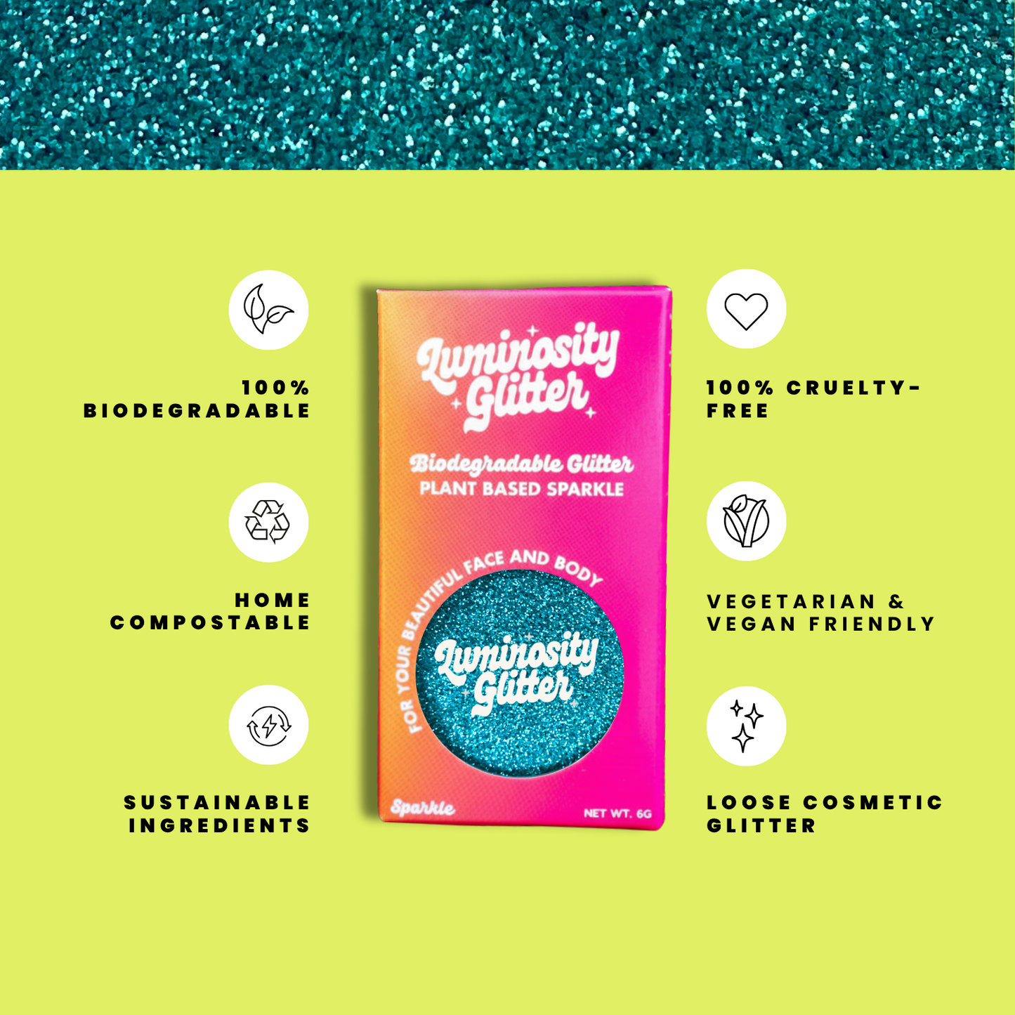 Luminosity Glitter packaging with sustainability features on a green background