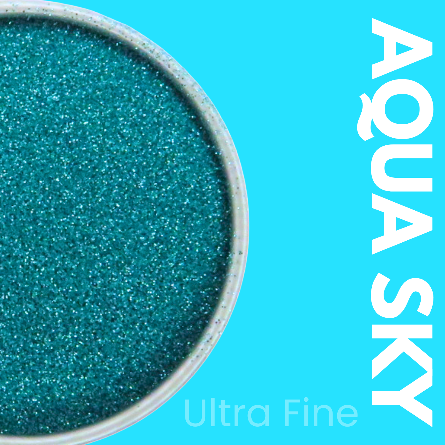Blue glitter powder in a container with 'Aqua Sky' text on a blue background