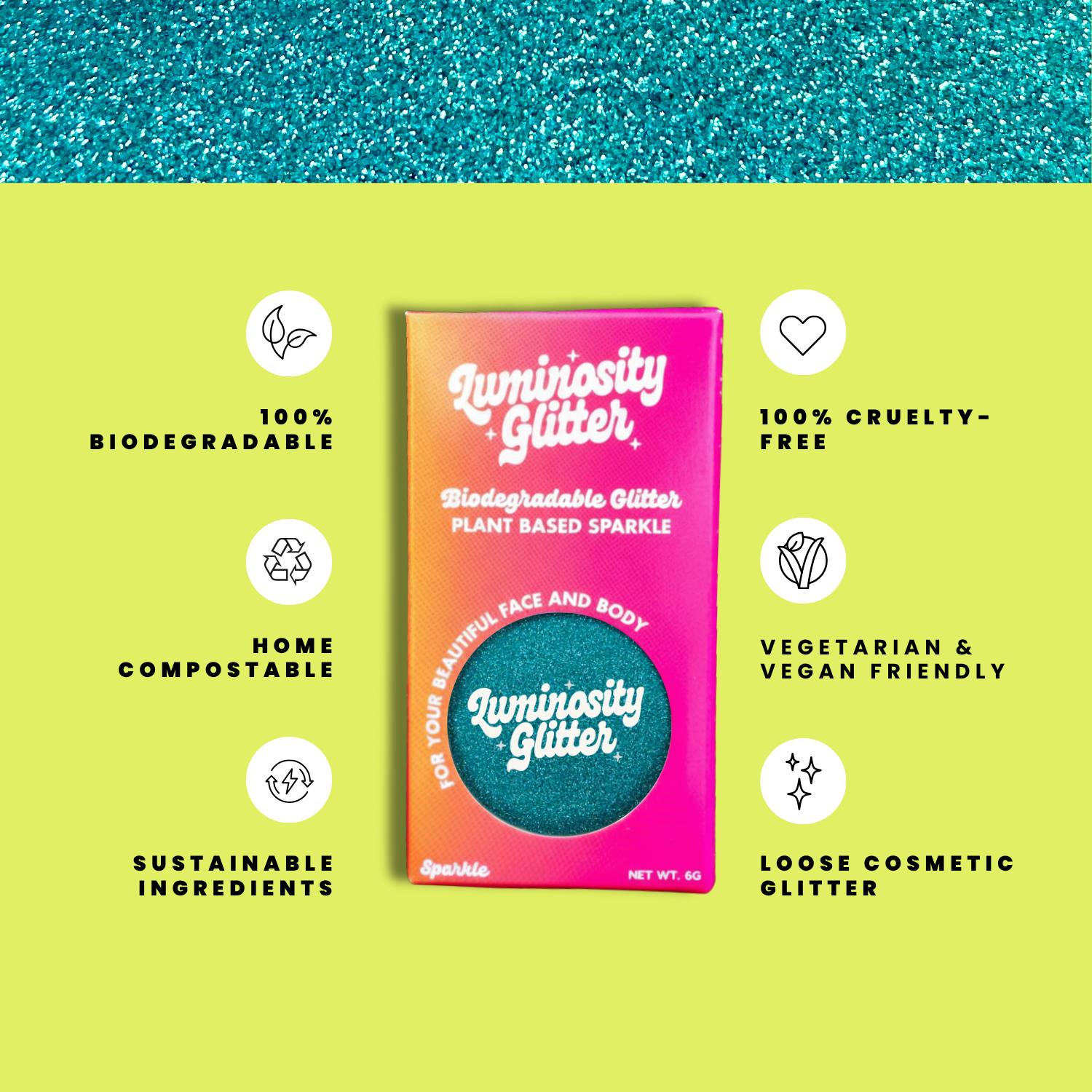 Luminosity Glitter packaging with sustainability features on a green background