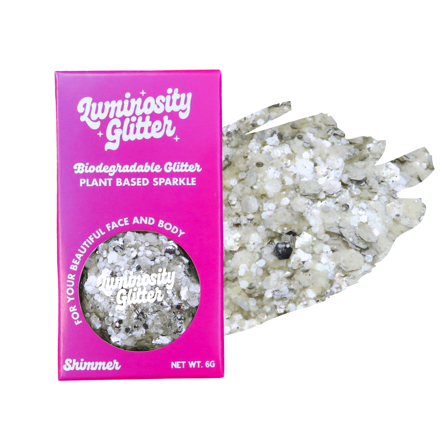 Luminosity Glitter packaging with plant-based glitter on a white background