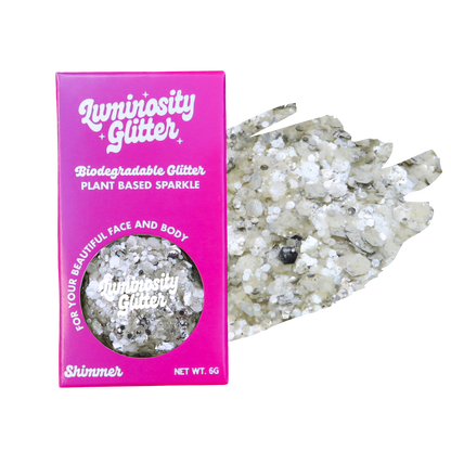 Luminosity Glitter packaging with plant-based glitter on a white background