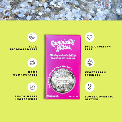 Luminosity Glitter packaging with sustainability features on a green background