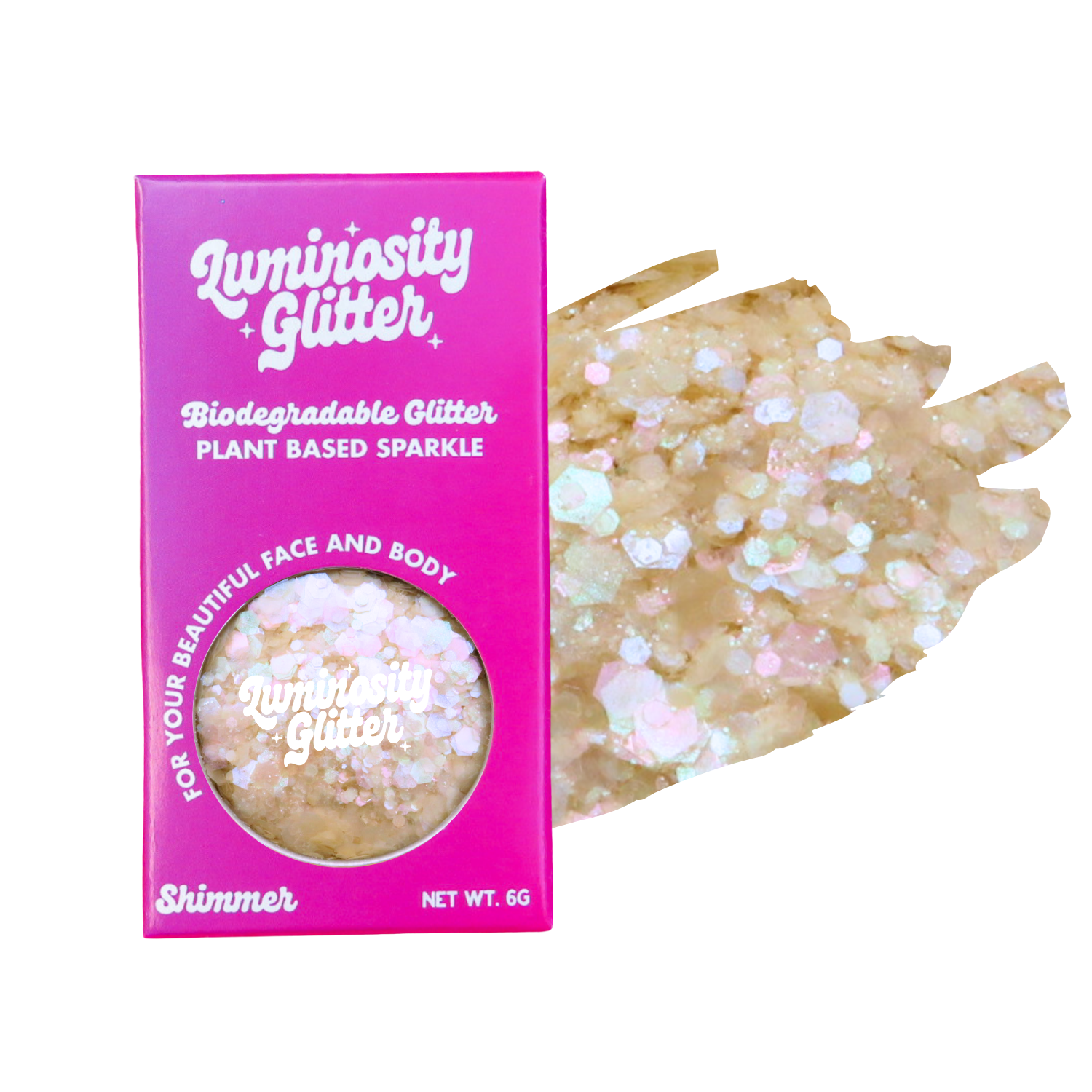 Luminosity Glitter packaging with a sample of glitter on a white background