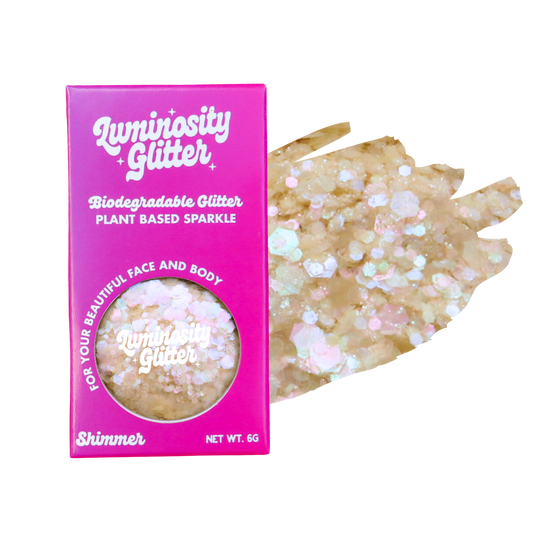 Luminosity Glitter packaging with a sample of glitter on a white background