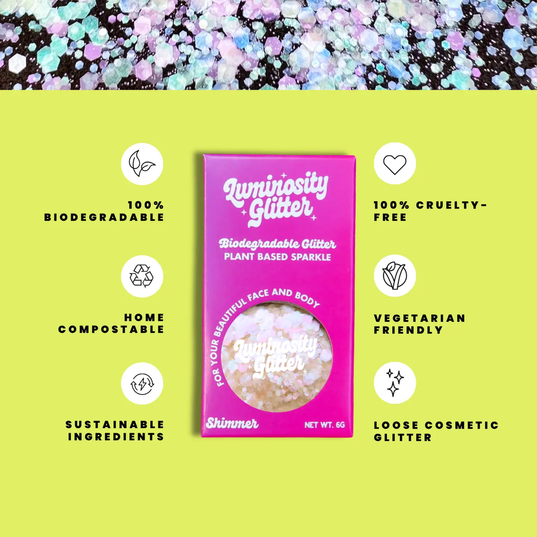 Luminosity Glitter packaging with sustainability features on a green background