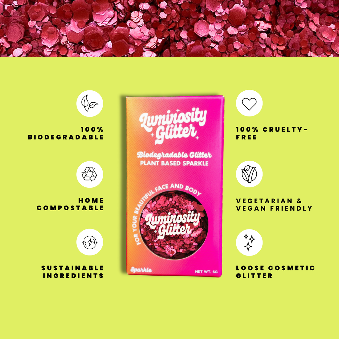 Blush Red Glitter Blend features infographic: biodegradable cosmetic glitter by Luminosity Glitter