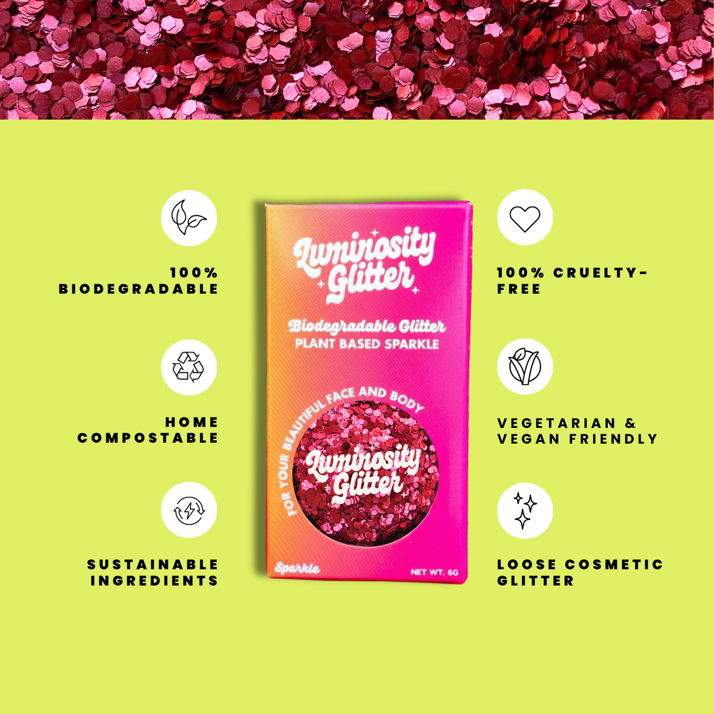 Luminosity Glitter packaging with sustainability features on a green background