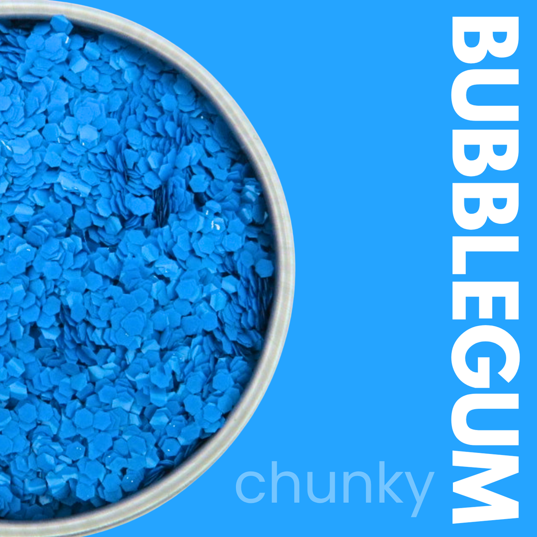 Blue chunky glitter in a container with &