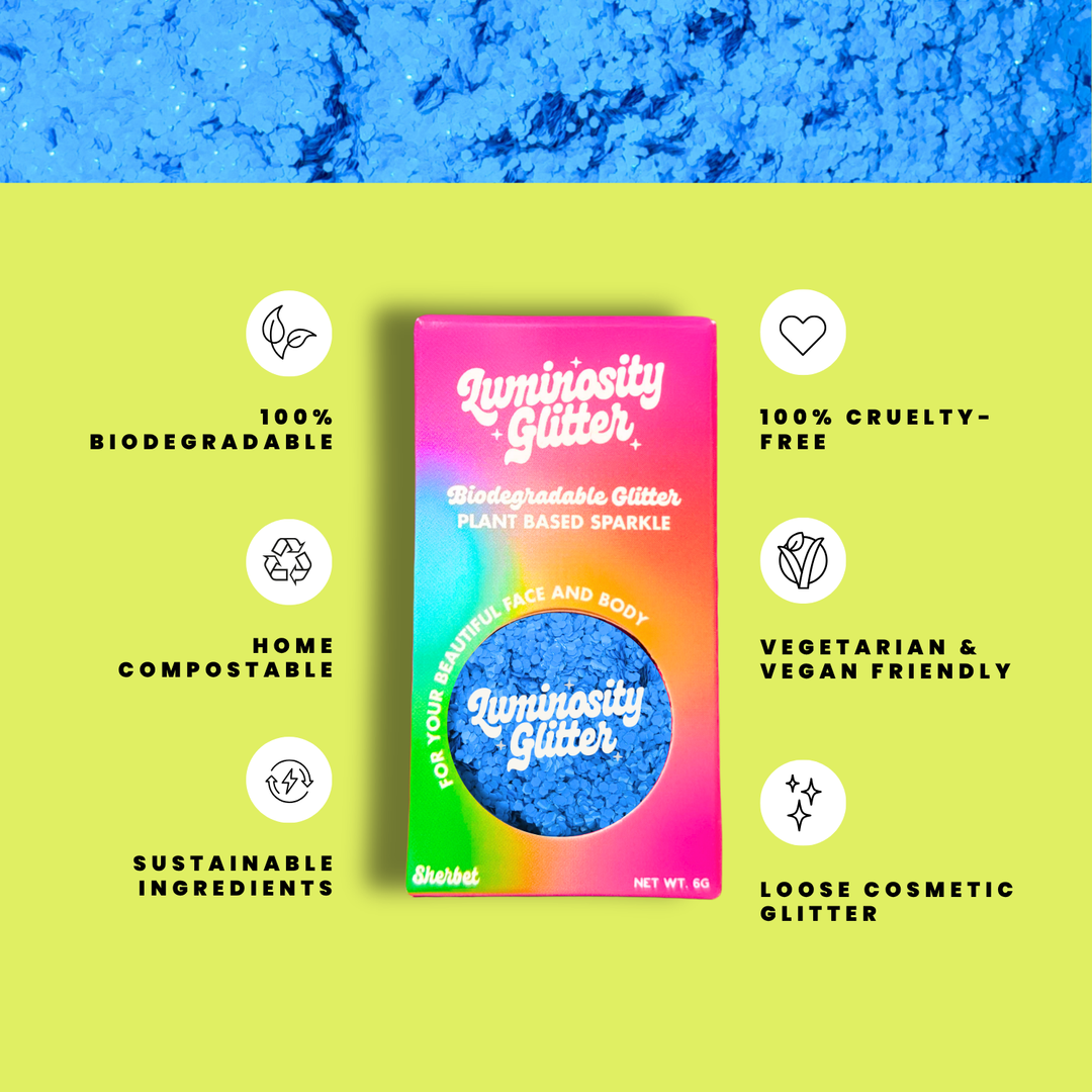 Luminosity Glitter packaging with sustainability features on a green and blue gradient background