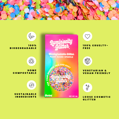 Luminosity Glitter packaging with sustainability features on a green background