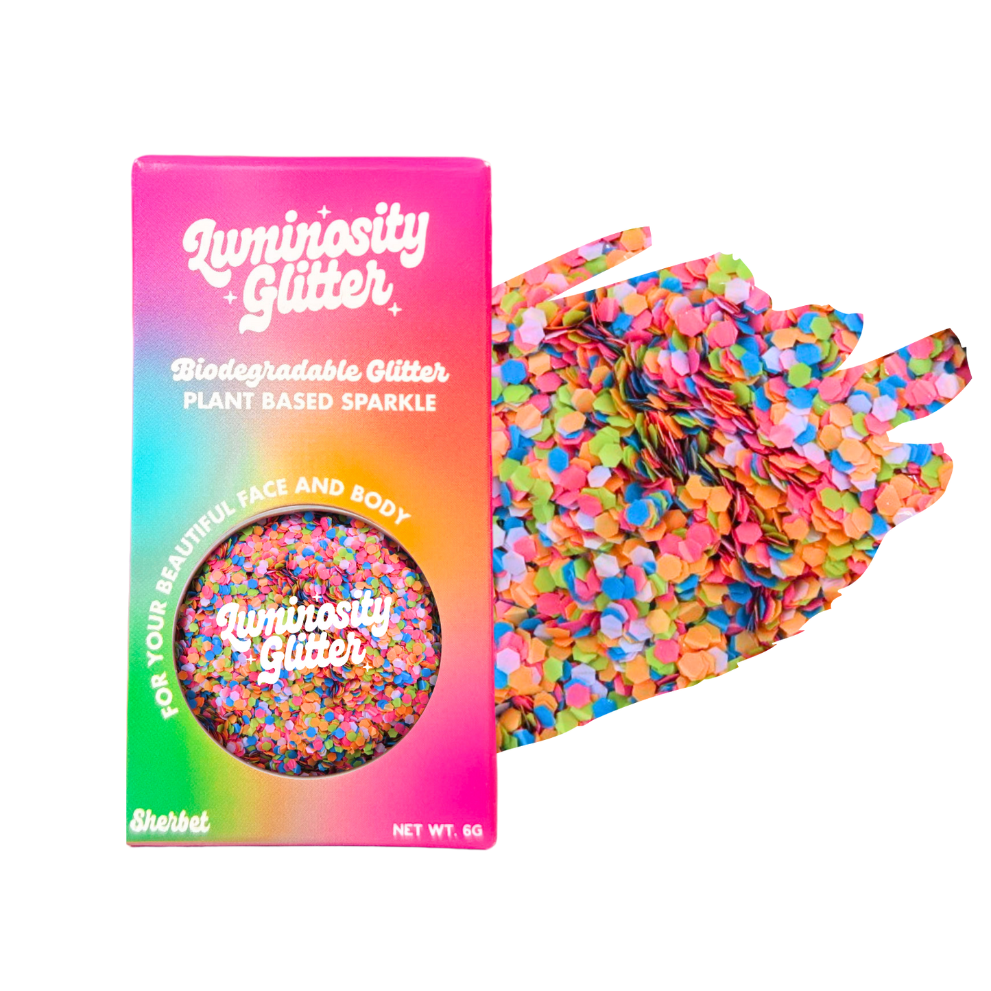 Luminosity Glitter packaging with colorful glitter on a white background