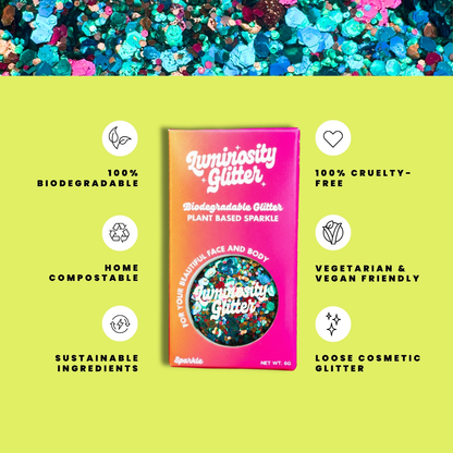 Luminosity Glitter packaging with sustainability features on a green background