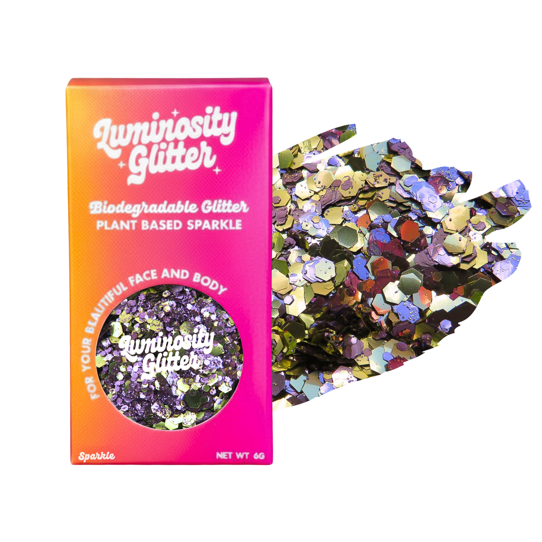 Charm Festival Glitter Mix in a Luminosity Glitter pot and packaging box