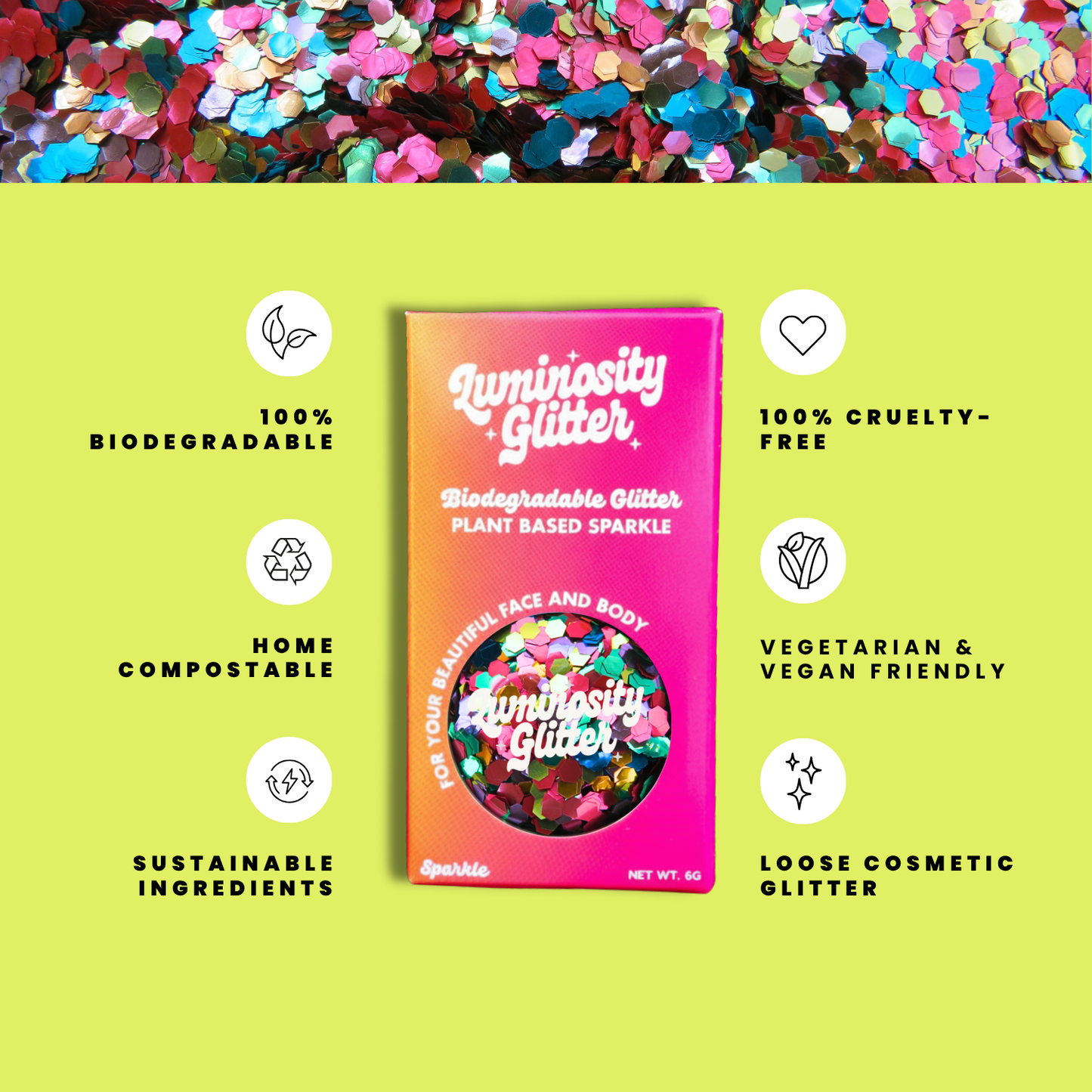 Luminosity Glitter packaging with sustainability features on a green background