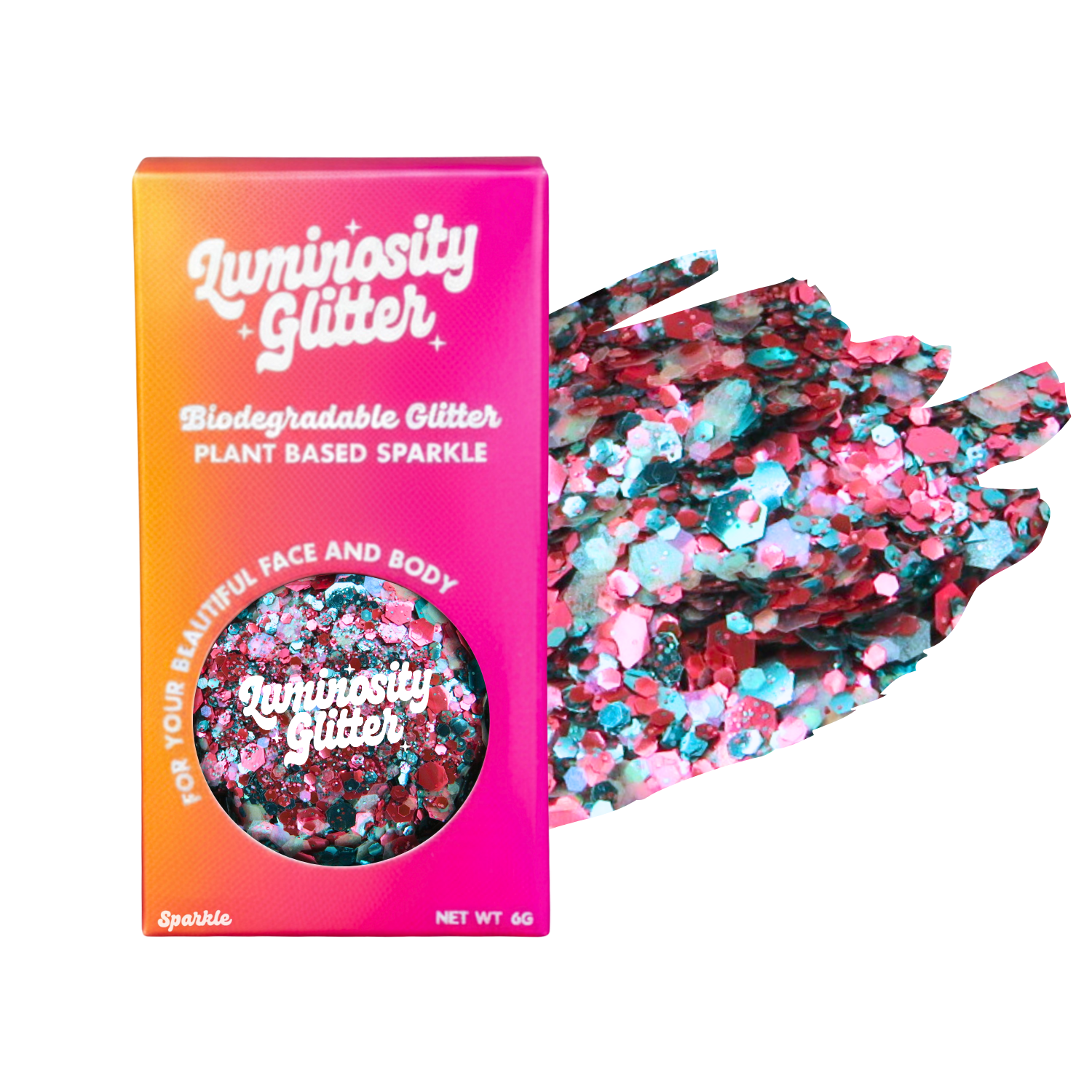 Luminosity Glitter packaging with biodegradable glitter on a white background