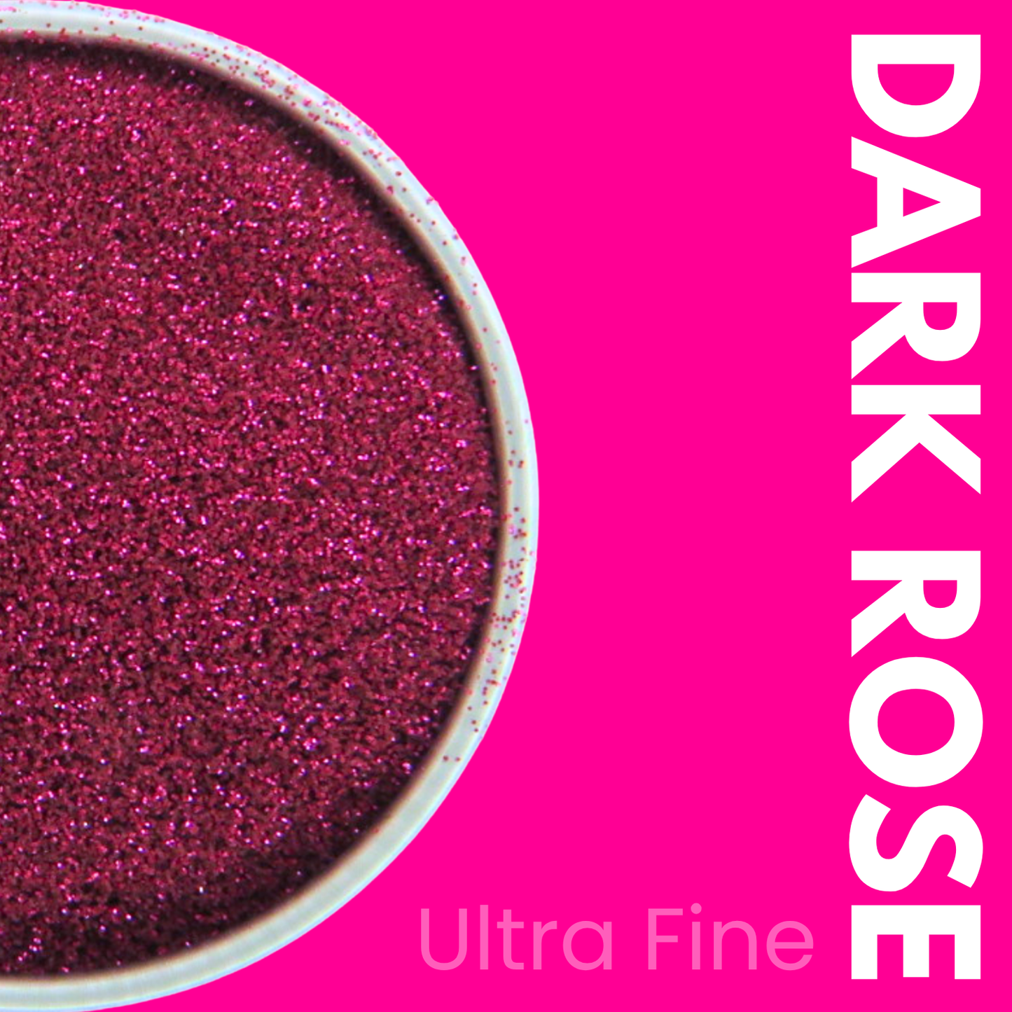 Dark rose ultra fine glitter in a container on a pink background with 'DARK ROSE' text.