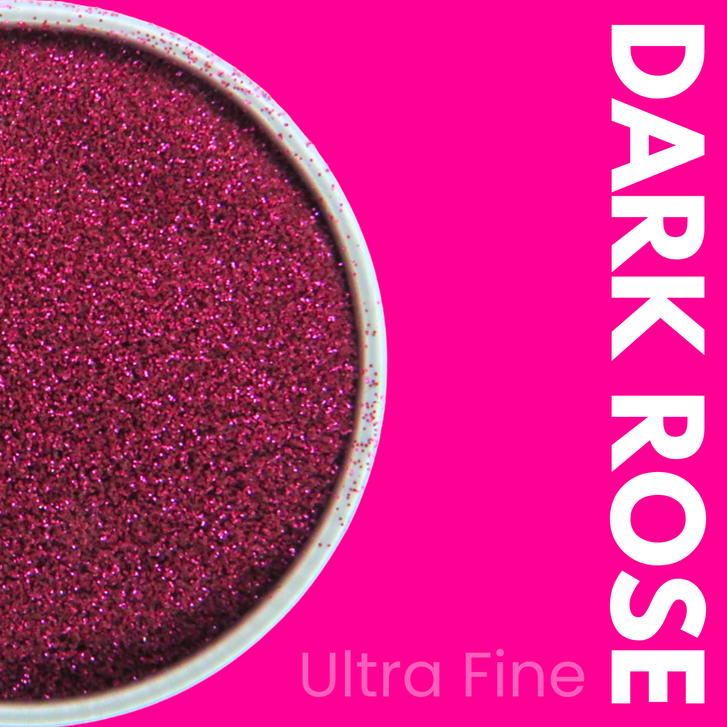 Dark rose ultra fine glitter in a container on a pink background with 'DARK ROSE' text.