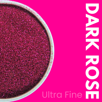 Dark rose ultra fine glitter in a container on a pink background with 'DARK ROSE' text.