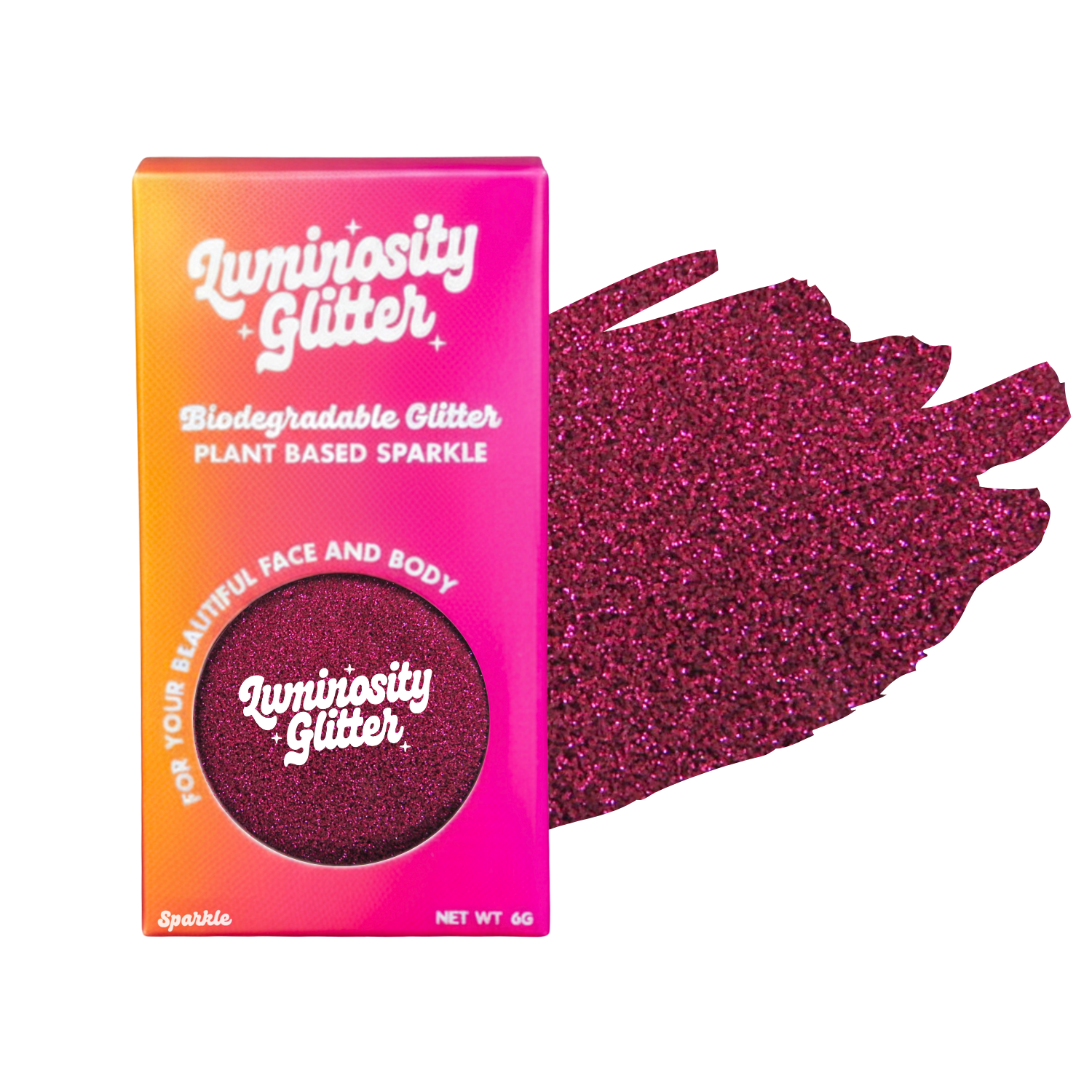 Luminosity Glitter packaging with pink and orange gradient and glittery purple sample.