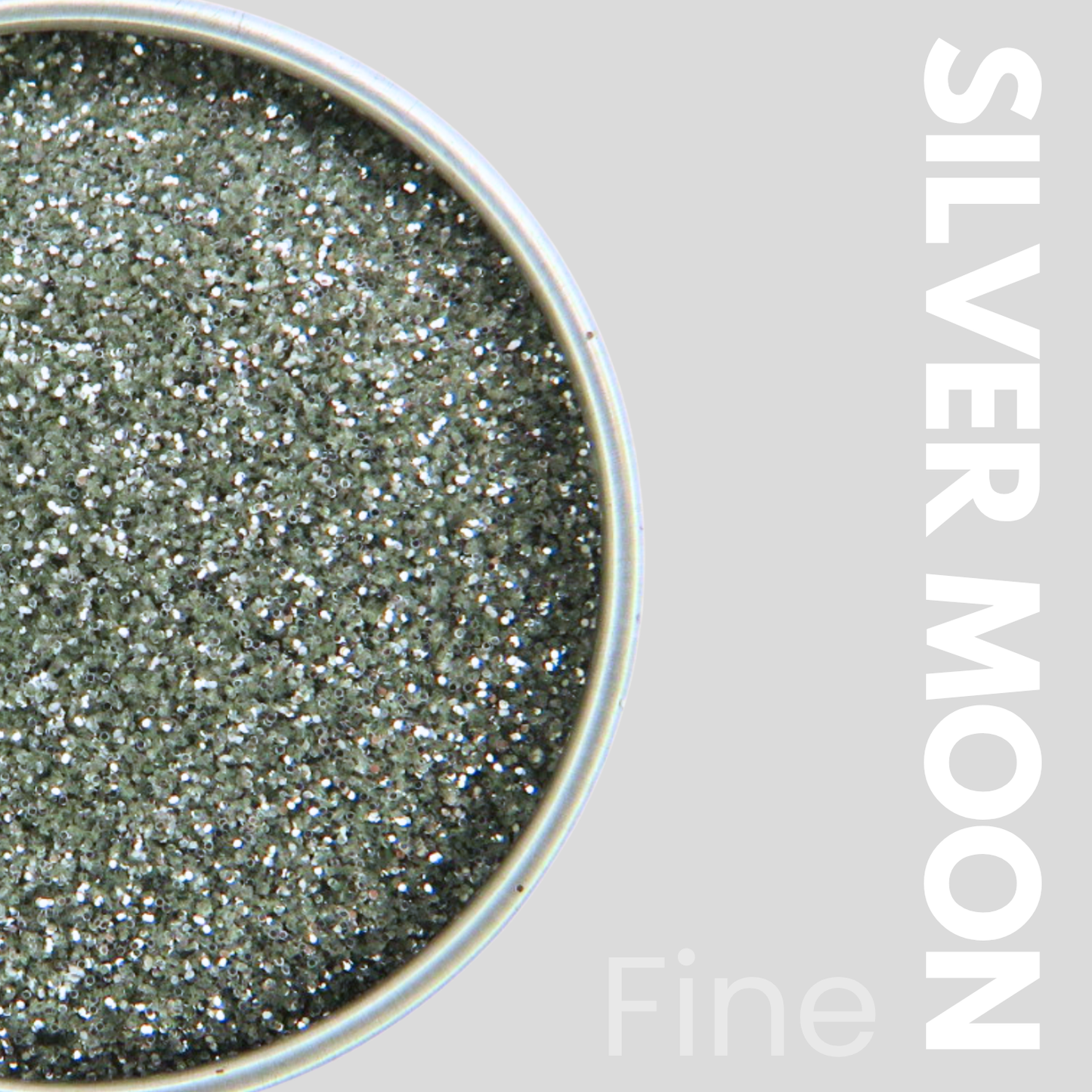 Silver glitter in a container with 'SILVER MOON' text on a gray background