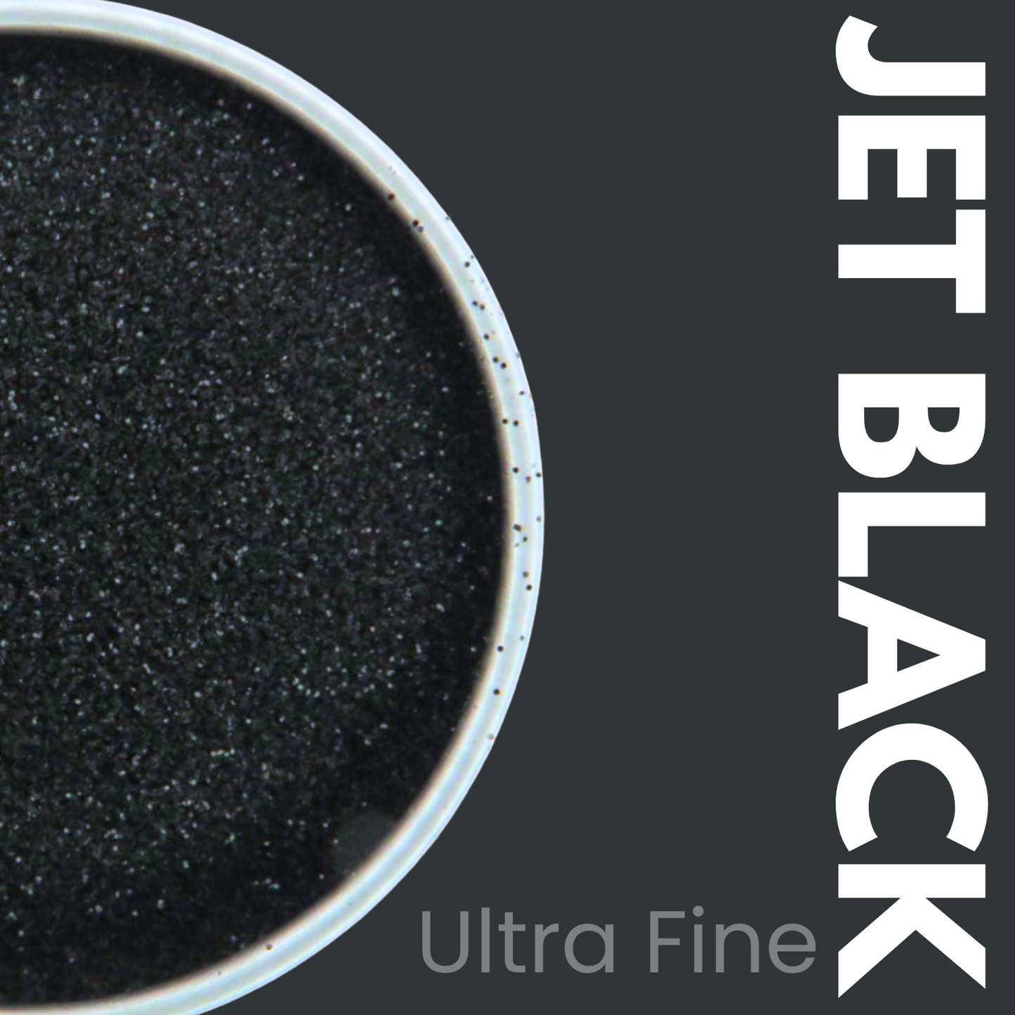 Ultra fine jet black glitter powder in a container with 'JET BLACK Ultra Fine' text on a dark background