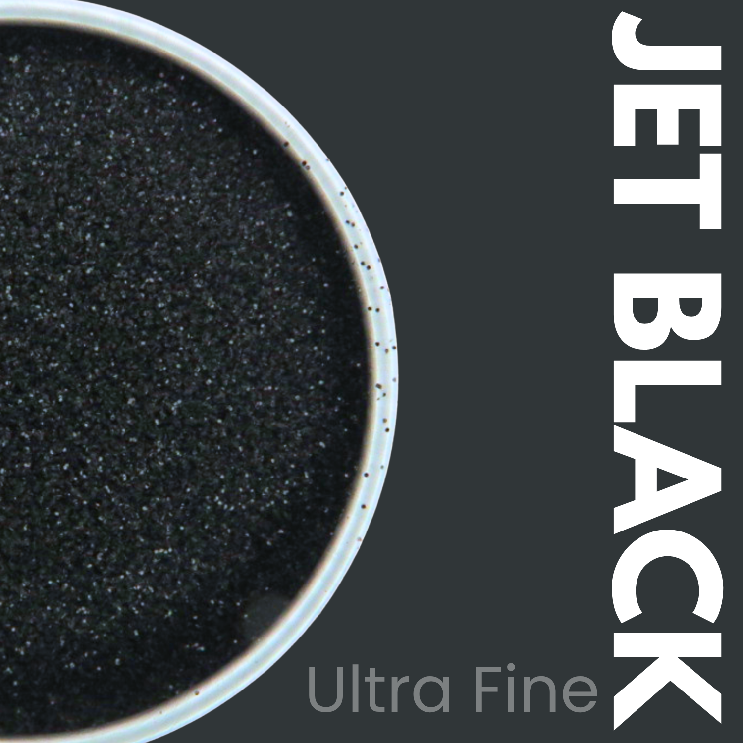 Ultra fine jet black glitter powder in a container with 'JET BLACK Ultra Fine' text on a dark background