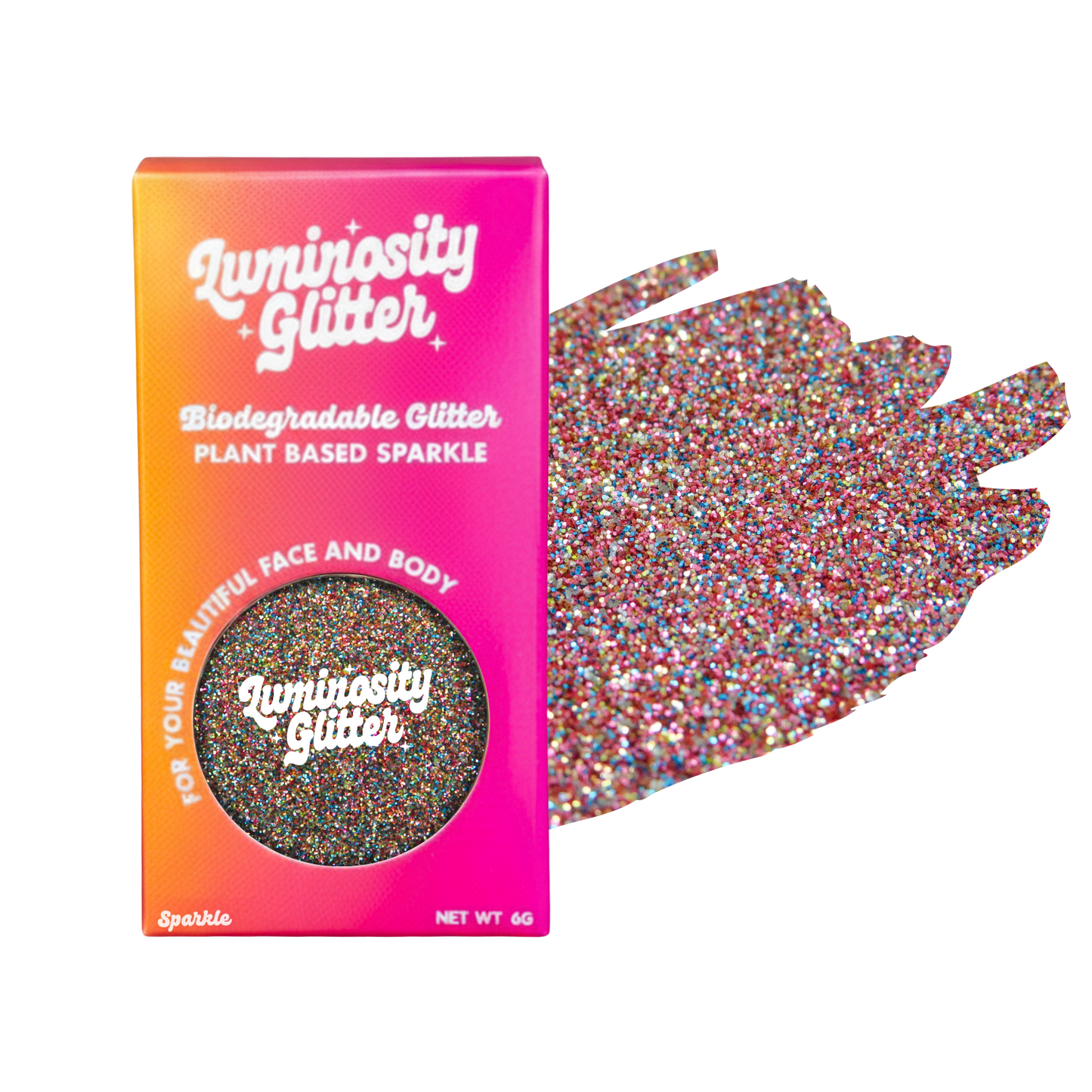 Luminosity Glitter packaging with biodegradable and plant-based sparkle on a white background