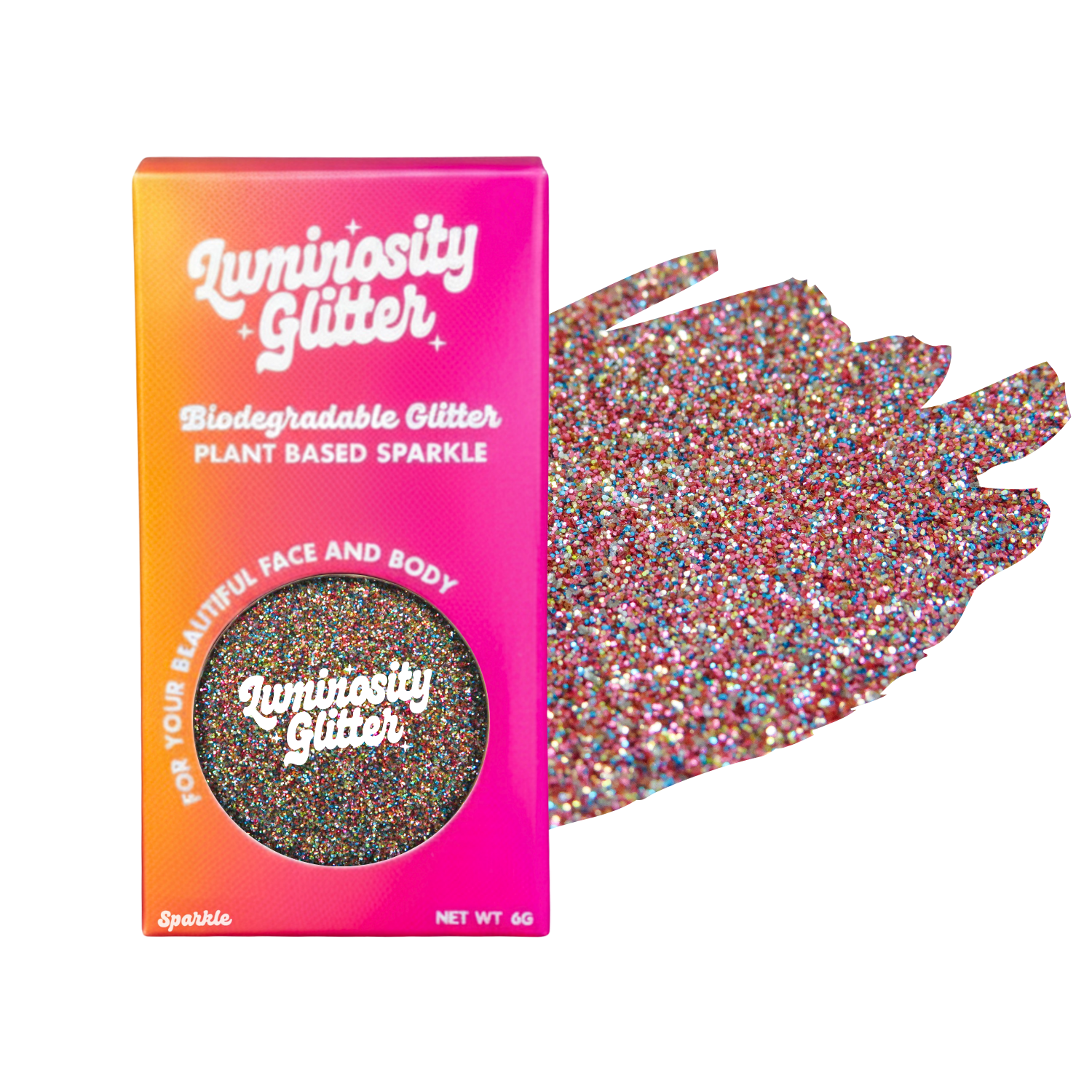 Luminosity Glitter packaging with biodegradable and plant-based sparkle on a white background
