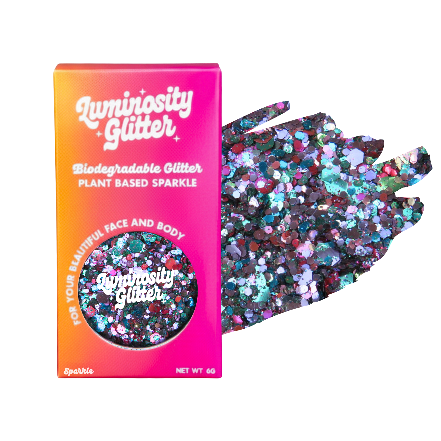 Luminosity Glitter packaging with a sample of glitter on a white background