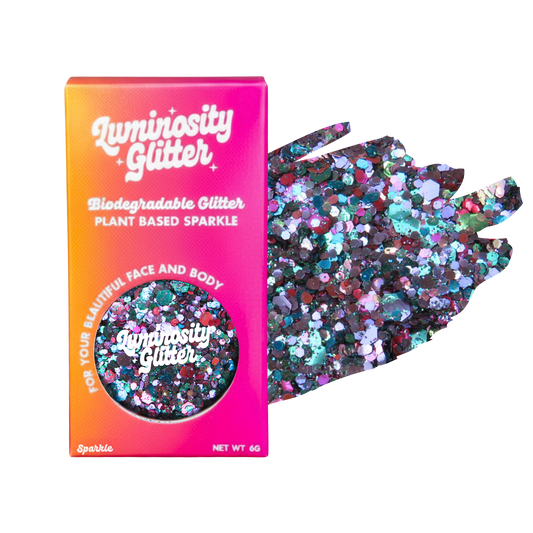 Luminosity Glitter packaging with a sample of glitter on a white background