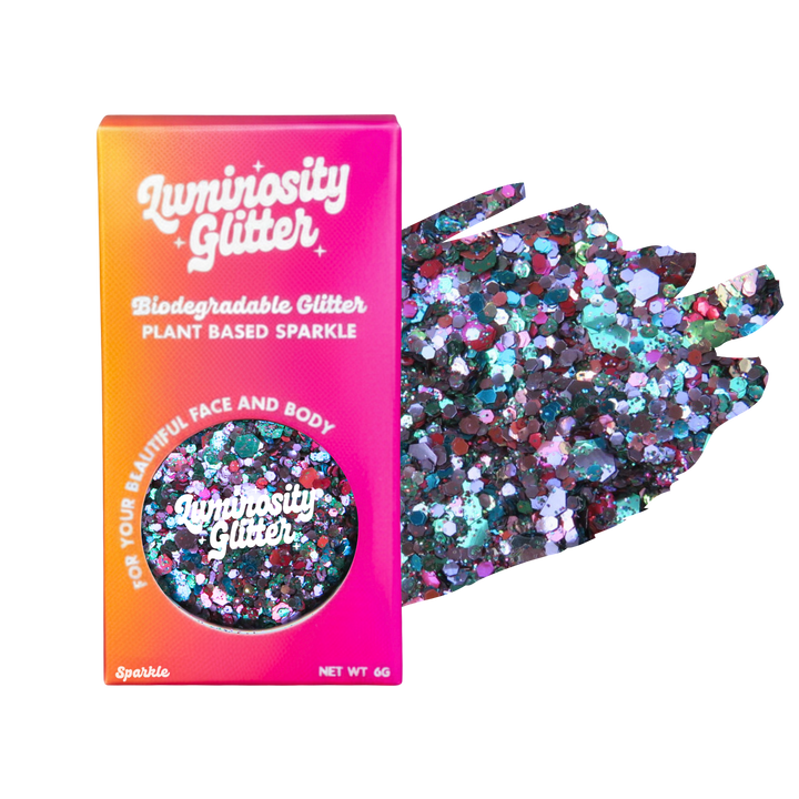 Luminosity Glitter packaging with a sample of glitter on a white background