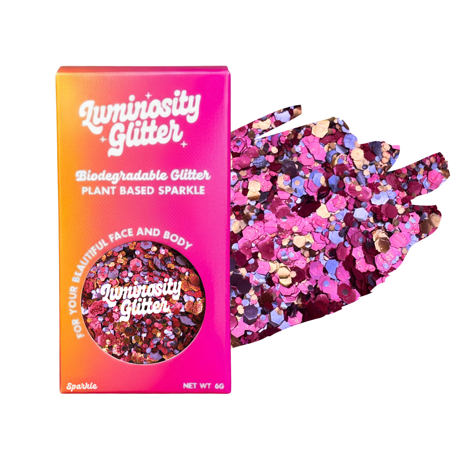 Luminosity Glitter packaging with biodegradable and plant-based glitter on a white background