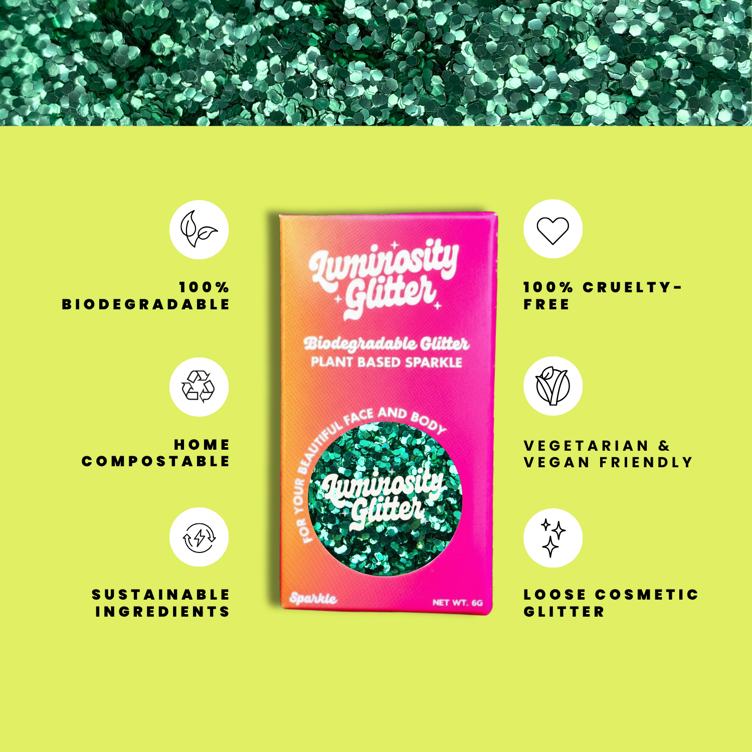 Luminosity Glitter packaging with sustainability features on a green background