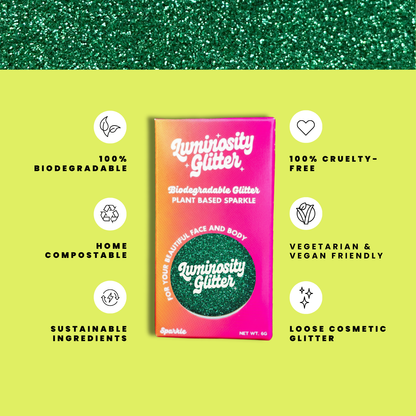 Luminosity Glitter packaging with sustainability features on a green background