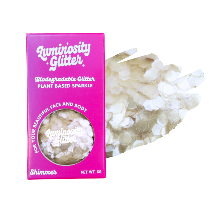 Luminosity Glitter packaging with biodegradable glitter on a white background