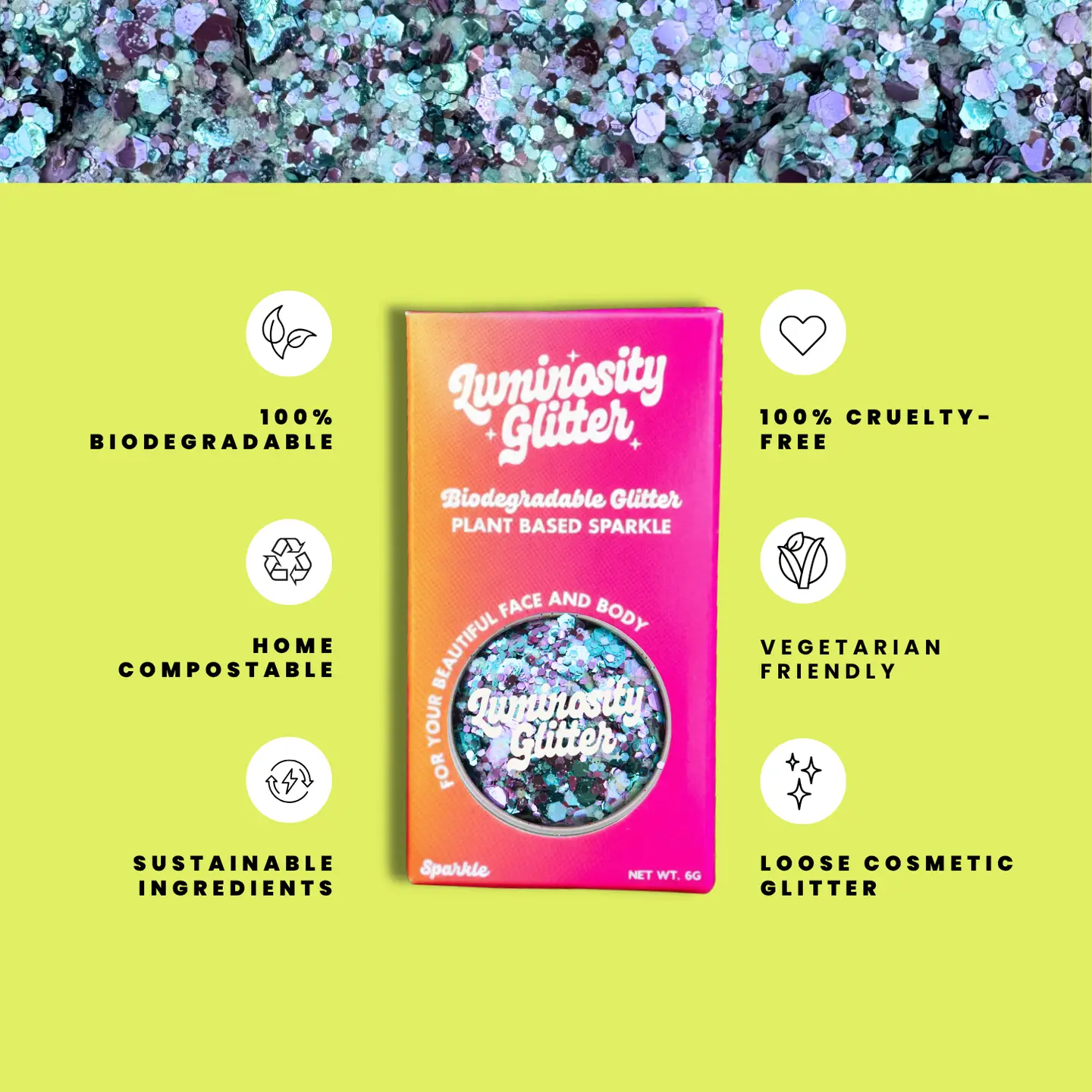 Luminiosity Glitter packaging with sustainability features on a green background