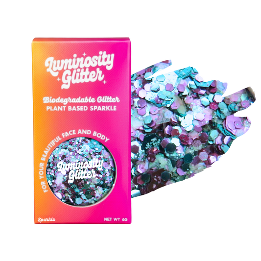 Luminosity Glitter packaging with a sample of glitter on a white background