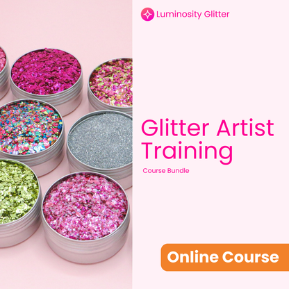 Glitter artist training course bundle with colorful glitter containers on a pink background.