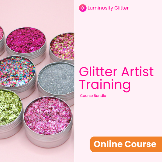 Glitter artist training course bundle with colorful glitter containers on a pink background.