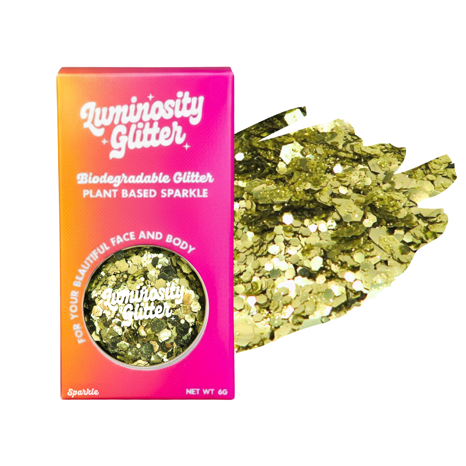 Luminosity Glitter packaging with gold glitter on a white background