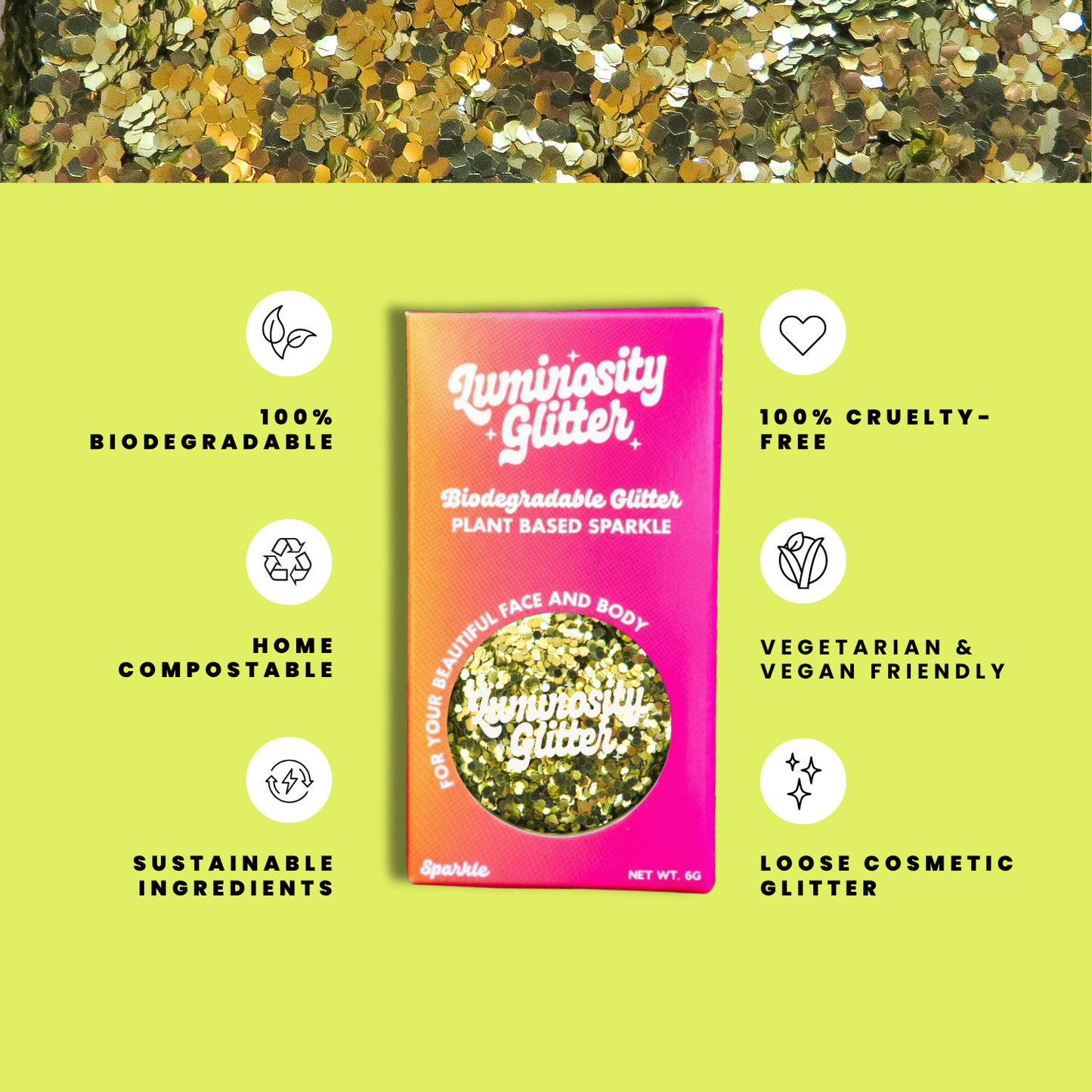 Luminosity Glitter packaging with sustainability features on a green background