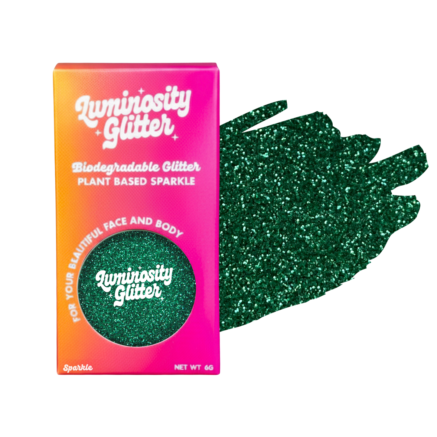 Luminosity Glitter packaging with green glitter on a white background