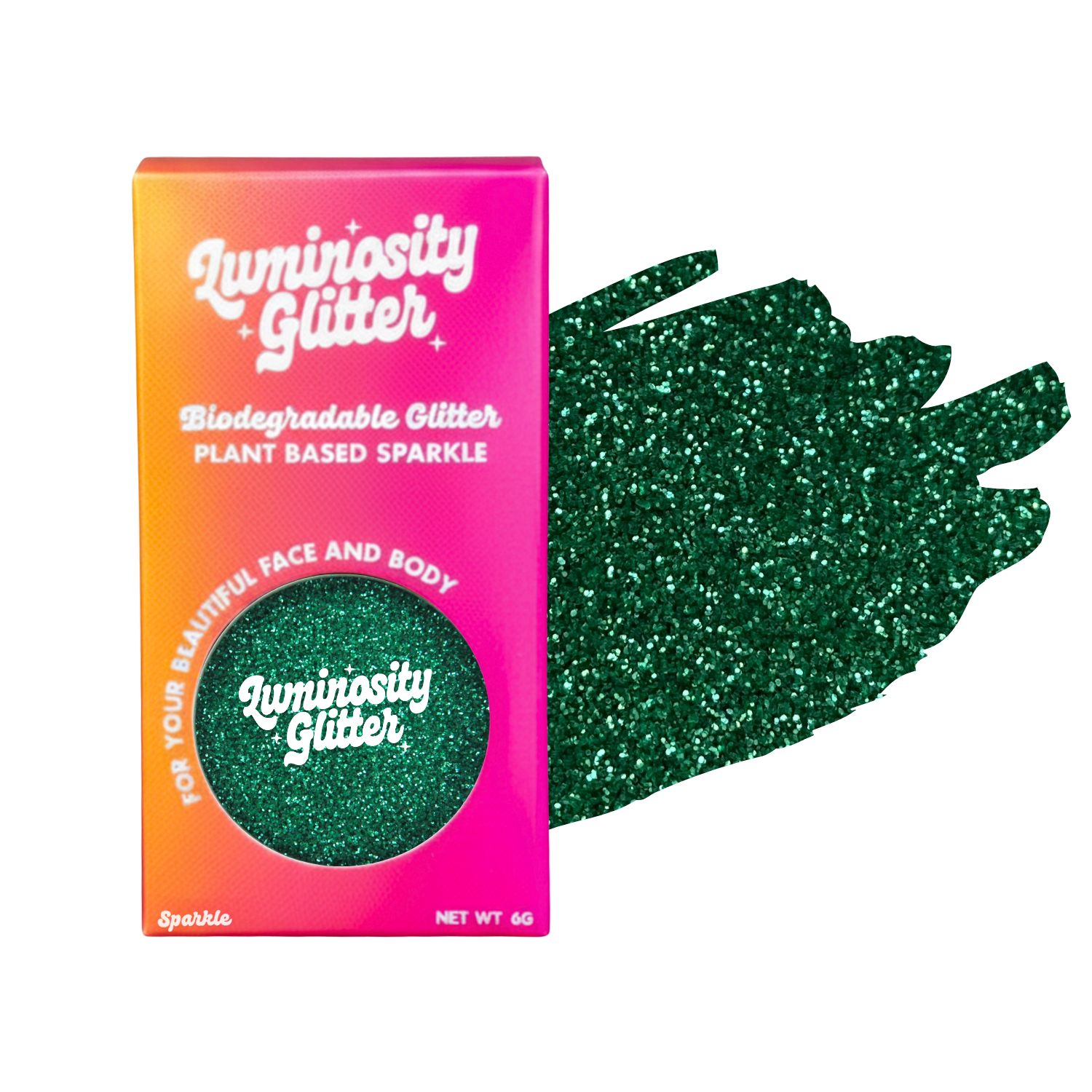 Luminosity Glitter packaging with green glitter on a white background