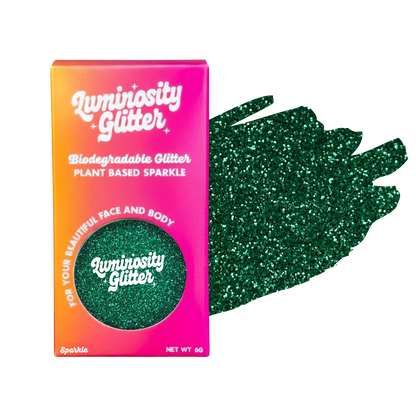 Luminosity Glitter packaging with green glitter on a white background