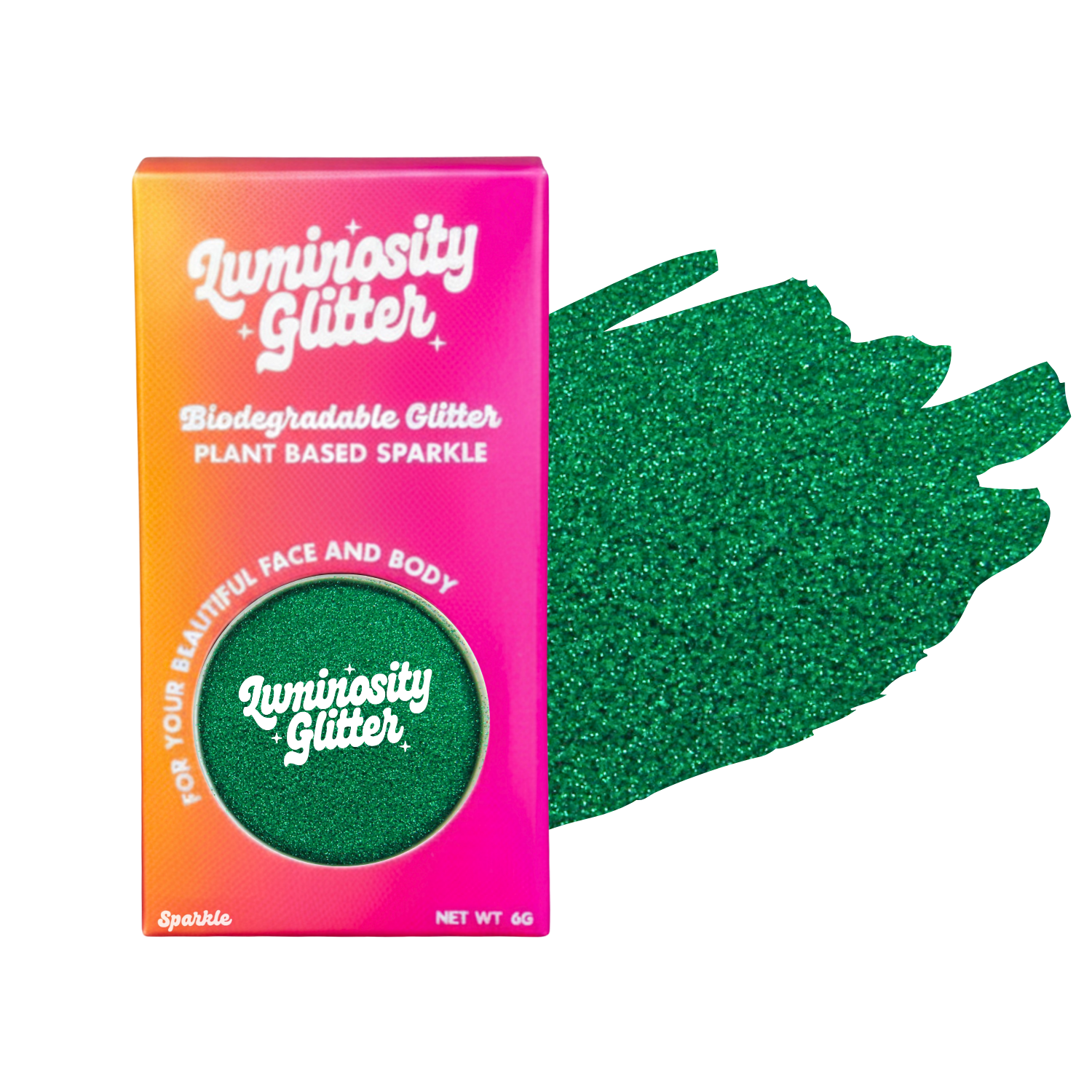 Luminosity Glitter packaging with green glitter on a white background