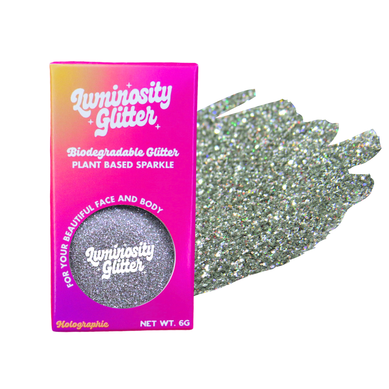 Luminosity Glitter packaging with a sample of glitter on a white background
